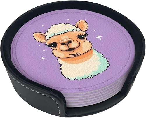 Juego de 6 posavasos de cuero con estampado de dibujos animados con cara de camello de amor, resistentes al calor, almohadilla redonda con soporte