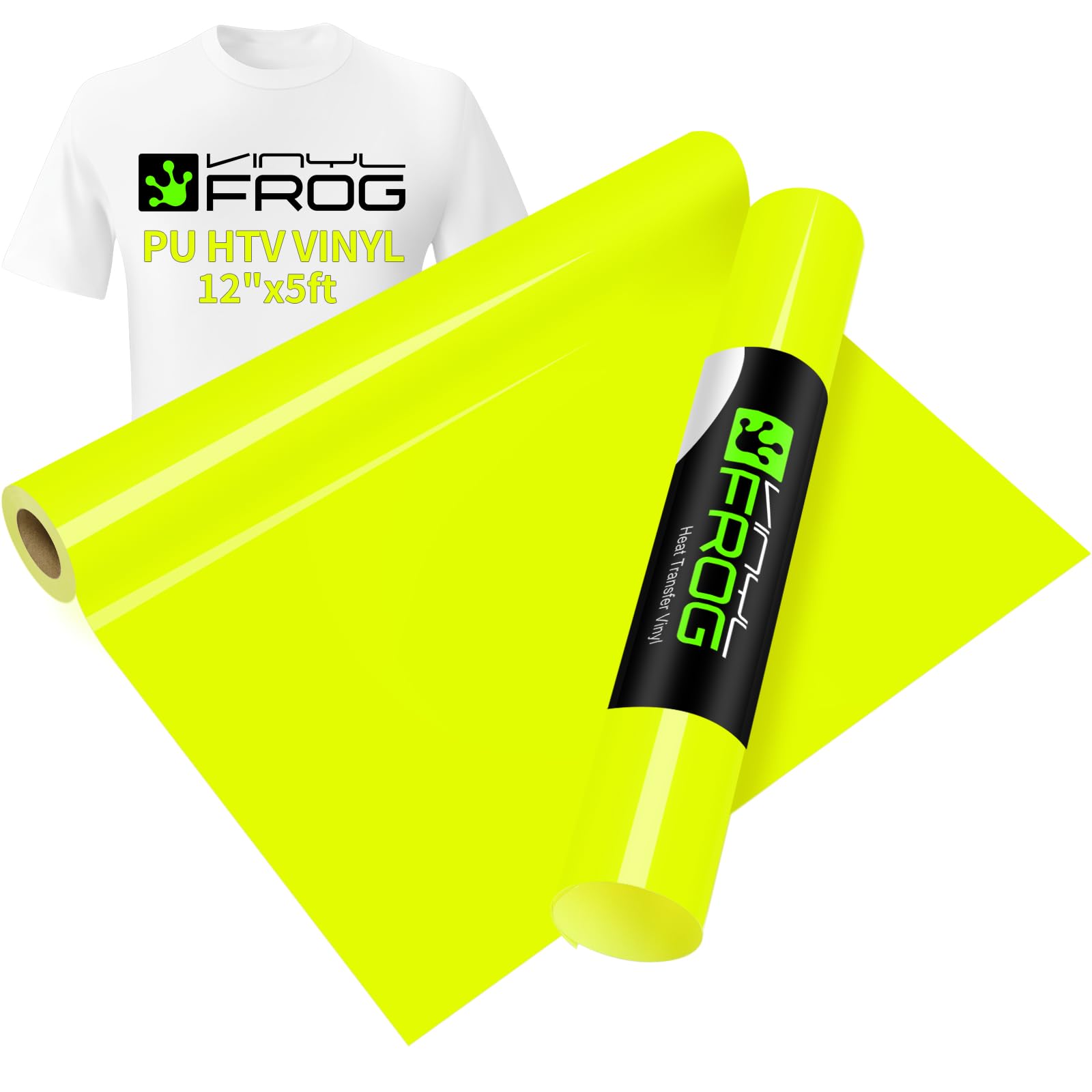 VINYL FROG Heat Transfer Vinyl Roll HTV Vinyl - 12" x5ft Neon Yellow Iron on Vinyl for T-Shirts, Heat Press Vinyl for DIY Craft Designs (Neon Yellow) โ image 1