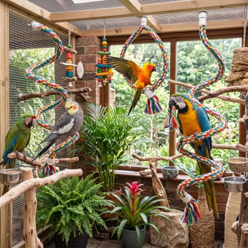 Image of HEEPDD Bird Rope Perches Comfortable Bendable Swing Perch Toy for Bird Cages Cockatiels Multicolor Cotton Rope Stainless Steel 0.7in Diameter 2 Pack