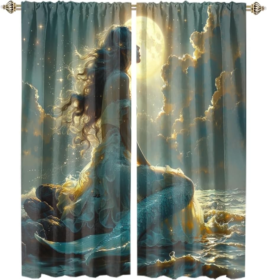 Denruny Fantasy Watercolor Mermaid Full Moon Curtains Bedroom Modern Abstract Japanese Anime Coastal Mermaid Thermal Insulated Room Darkening Rod Pocket Curtains Living 2 Panels 63" L x 27.5" W
