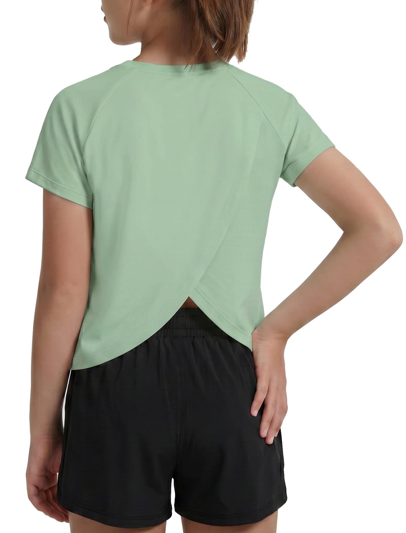 EXARUS Girls Athletic Shirts Quick Dry Workout Split Back Crop Tops 6-14Y