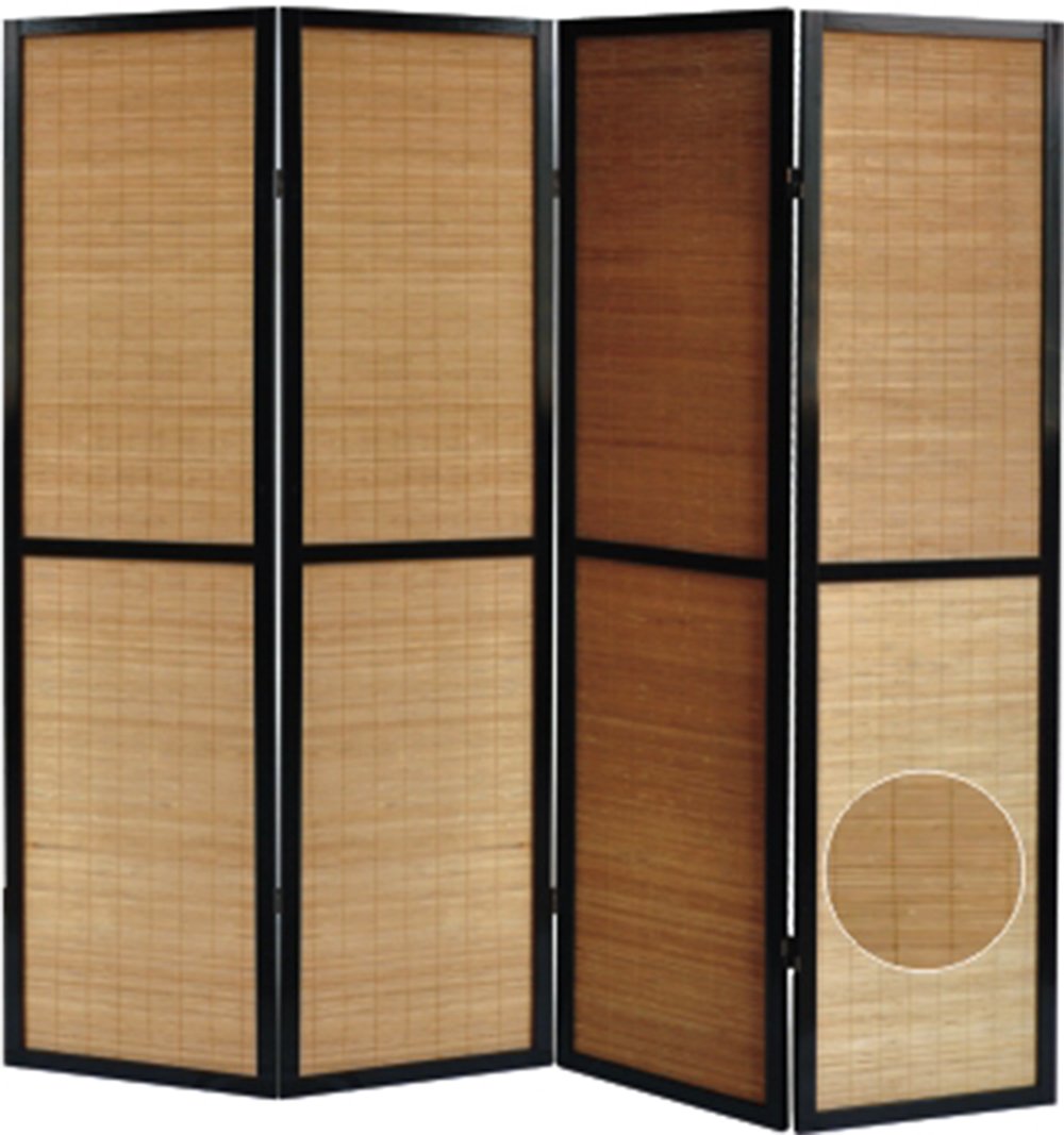 PEGANE Paravent en Bois Noir et Bambou 4 Pans
