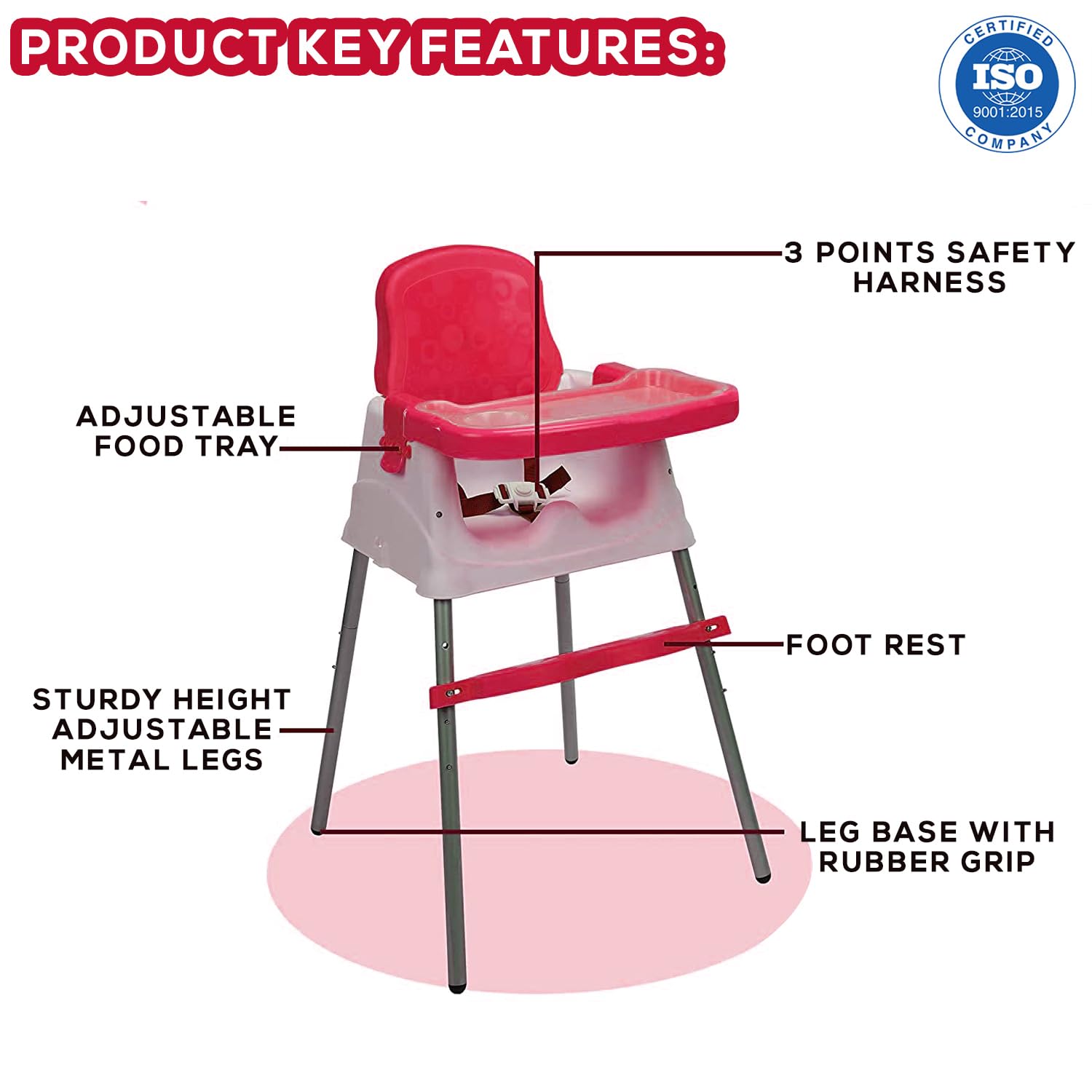 Safe-O-Kid® Velin 4 in 1 Convertible Feeding Chair, With1 Year Warranty, Baby Booster Seat for Baby with 3 Points Safety, Adjustable Tray for 6 to 36 Months Weight Up to 15 Kgs-Pink 3