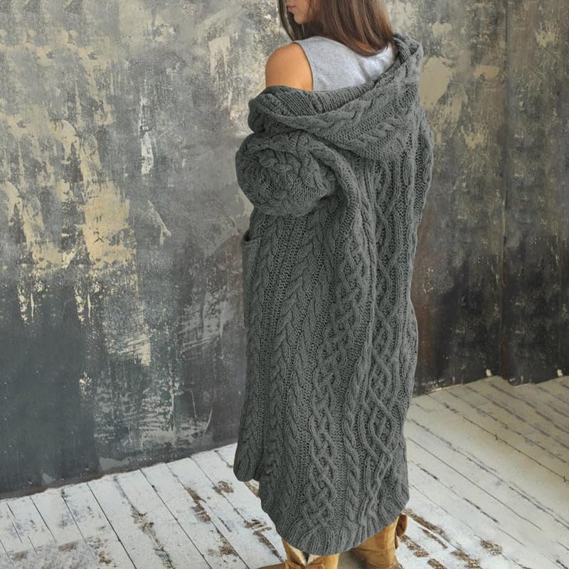 NIUBIA Womens Casual Long Sleeve Open Cardigan Warm Hooded Outwear Coat Cable Knit Long Cardigan Sweaters with Pockets3