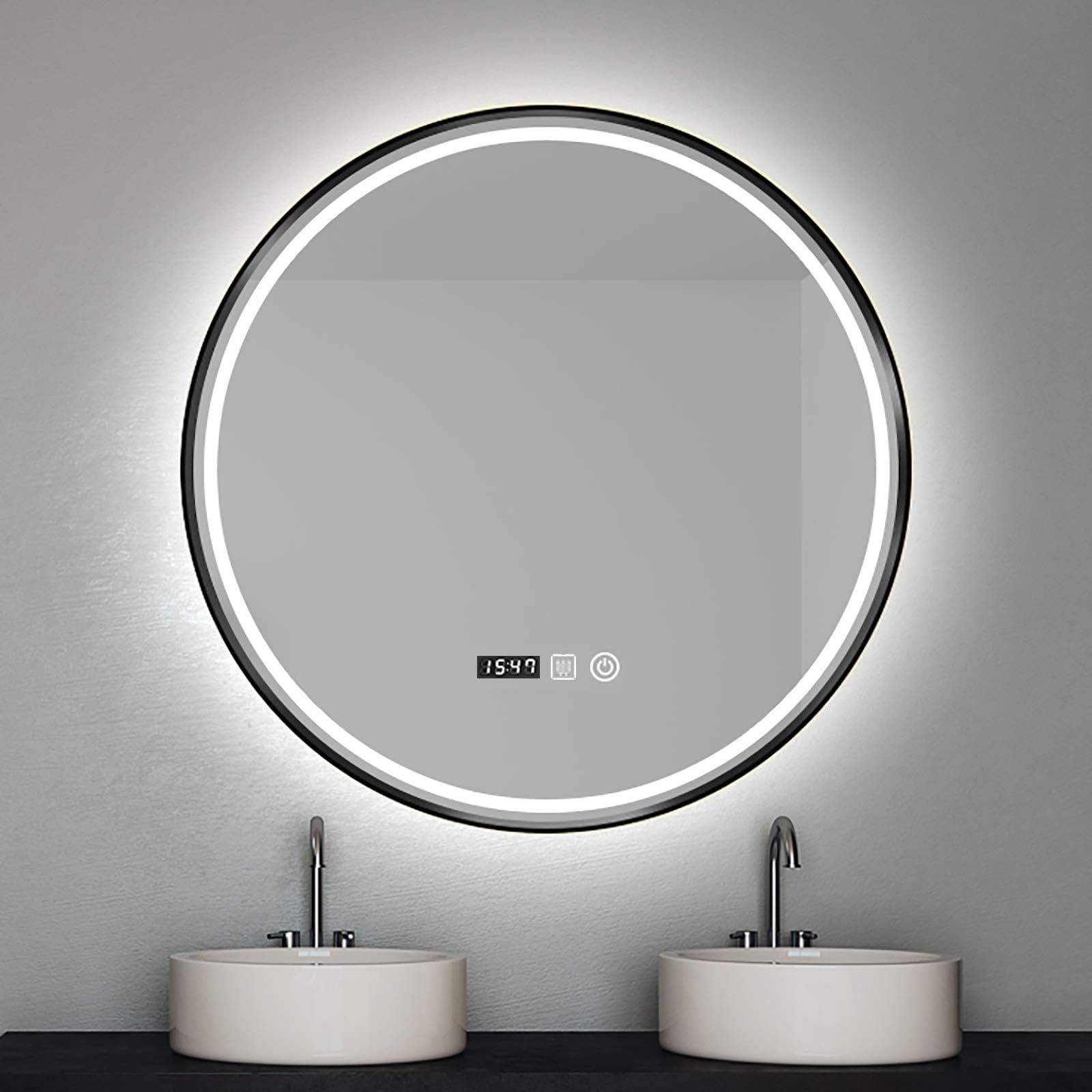 Round Bathroom Illuminated Mirror with Sensor Touch Control, 3-Colour Dimming Function, Adjustable Brightness, Demister Heat Pad, Makeup Mirror Wall Mounted, Aluminum Frame