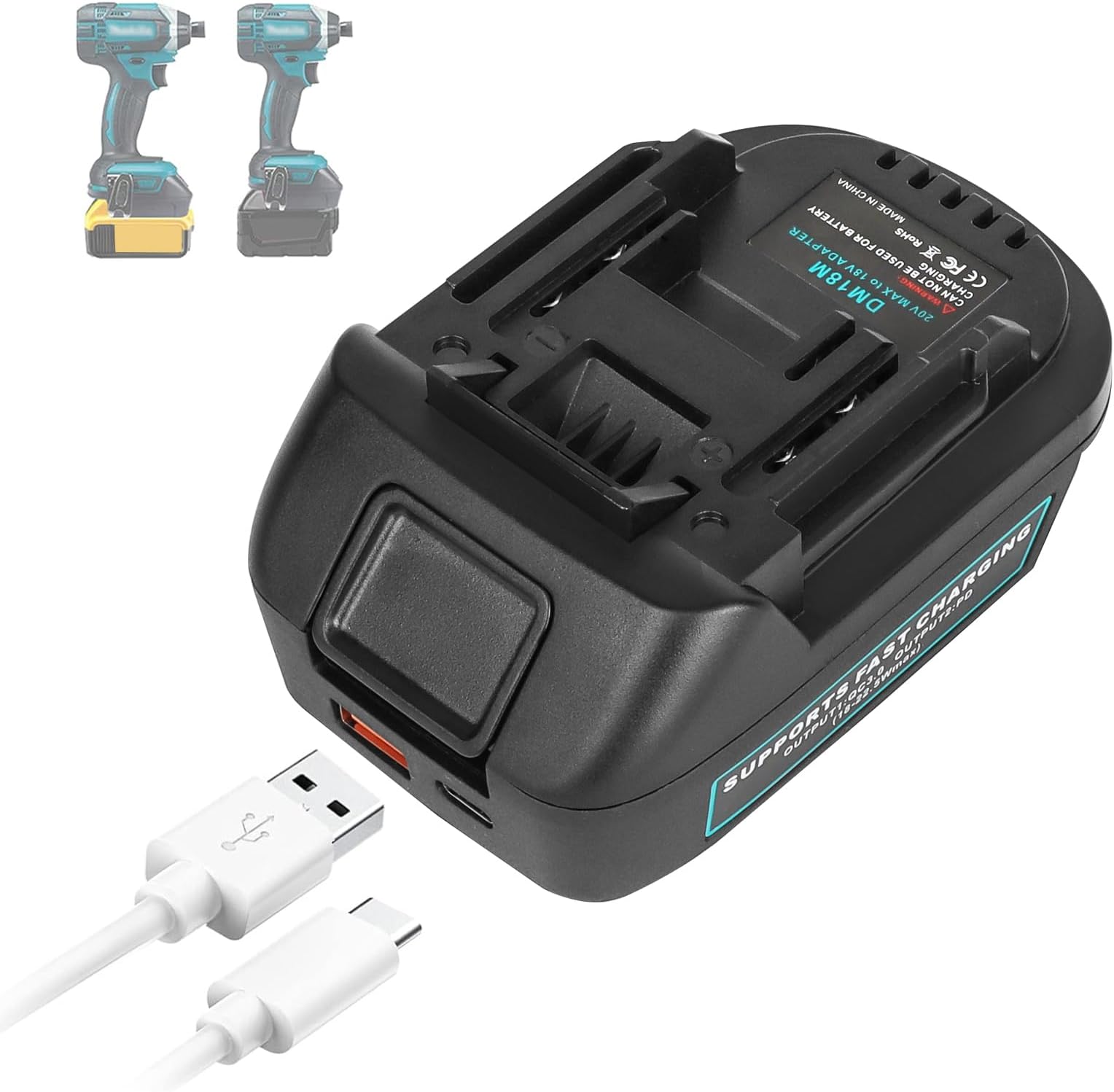 DM18M Battery Adapter with USB & Type-C Charging Socket Compatible with Dewalt 20V & Milwaukee 18V Batteries, Convert to Makita 18V Batteries (Not Made in Milwaukee,Dewalt, or Makita)