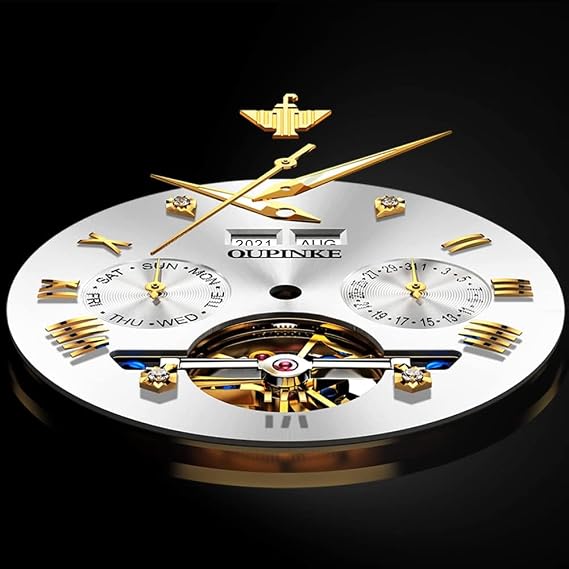 OLEVS Automatic Men's Watch Tourbillon Diamond Calendar Self Winding Luxury Mechanical Wrist Watch for Men Two Tone Tungsten Strap Business Dress Male Watch Luminous Waterproof (White Blue Gold Green)