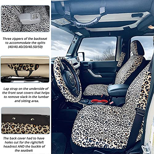 Leopard Cheetah Autositzbezüge, komplettes Set, vorne und hinten, komplett mit 2 Sicherheitsgurtpolstern und universeller 38.1 cm Lenkradbezug, LKWs, SUV oder Van für Frauen (Leopard)