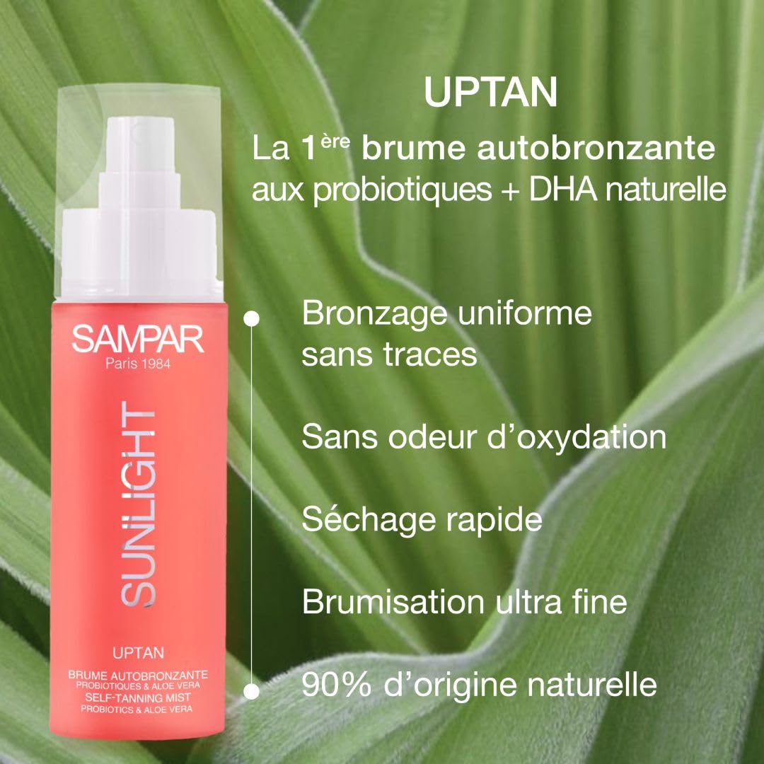 Brume Autobronzante Visage aux probiotiques, DHA Végétale & Aloe vera - Sunlight Uptan SAMPAR - Hâle naturel & Lumineux - Sans trace - Sans odeur - Tous Types de Peaux