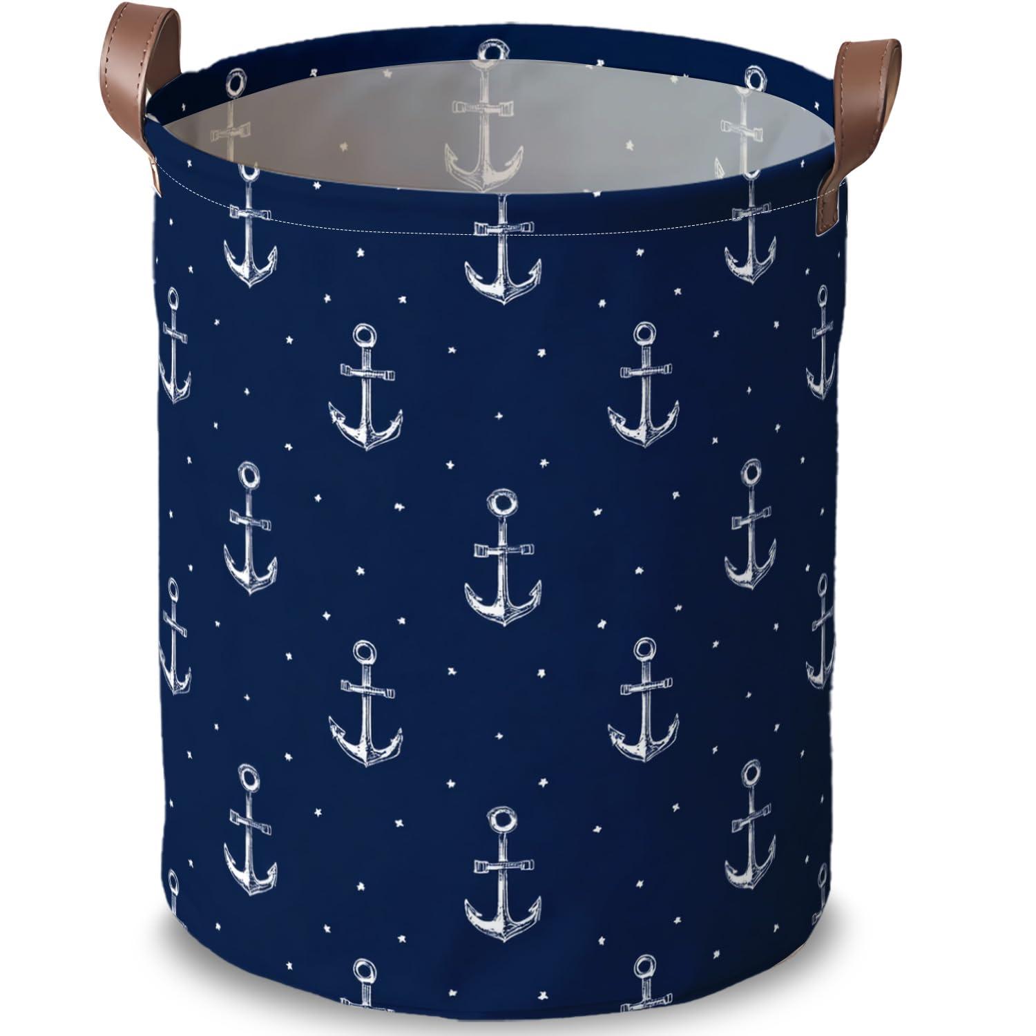 Nautical Anchor Laundry Basket, Navy Blue Hamper, 15.75x19.7in