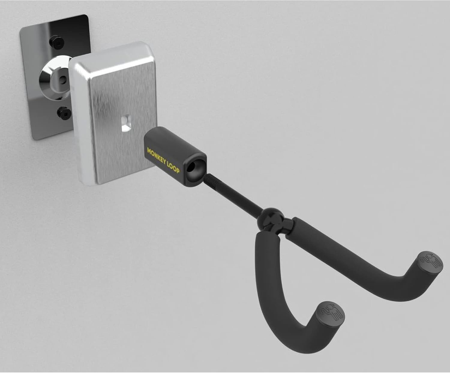 Acoustic guitar headstock securely held by the MONKEY LOOP Wall Prime Chrome mount.