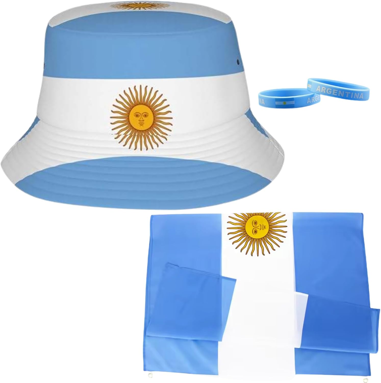 Argentina Flag Set 3x5 Feet Flag, Bucket Hat in Argentina Colors, and 2 Silicone Wristbands Perfect for Sports Fans, World Cup, and Patriotic Events