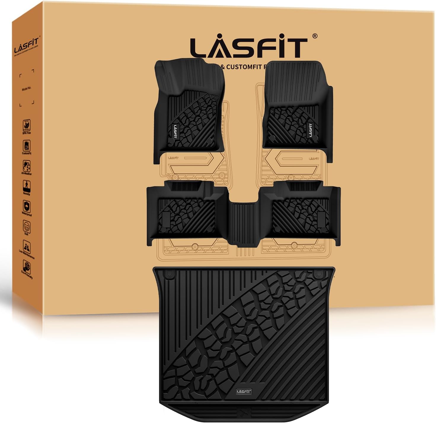 LASFIT Floor Mats & Trunk Mat for Jeep Grand Cherokee 2016-2021 Grand Cherokee WK 2022 All Weather TPE Custom Fit Car Cargo Liner Black Grand Cherokee 2016-2021 Floor Mats & Cargo Mat