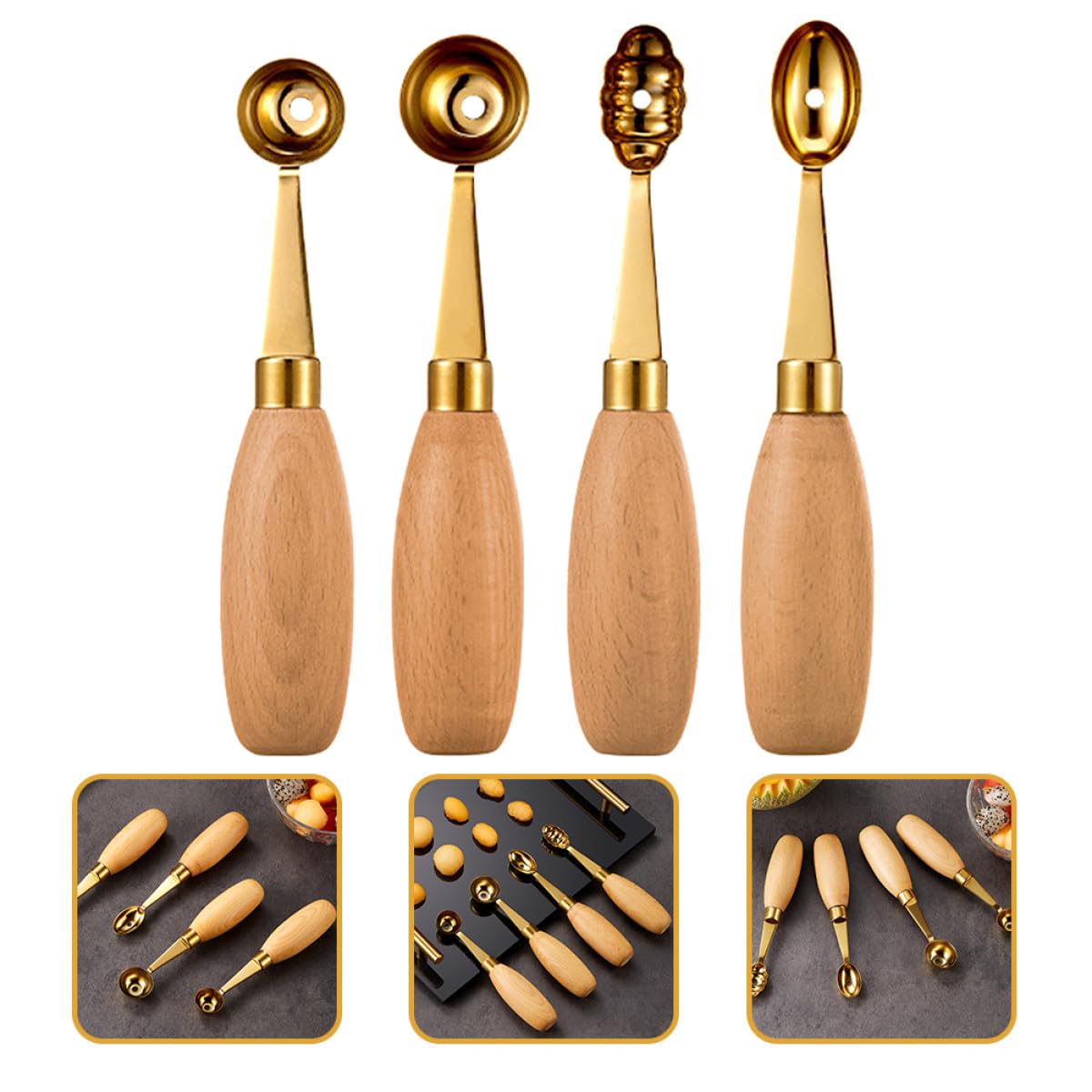 Hacer Bolas de Melón Juego de 4 Cucharas Redondas Fáciles de Usar de Acero Inoxidable y Madera Ideales para Postres Decorativos en Casa