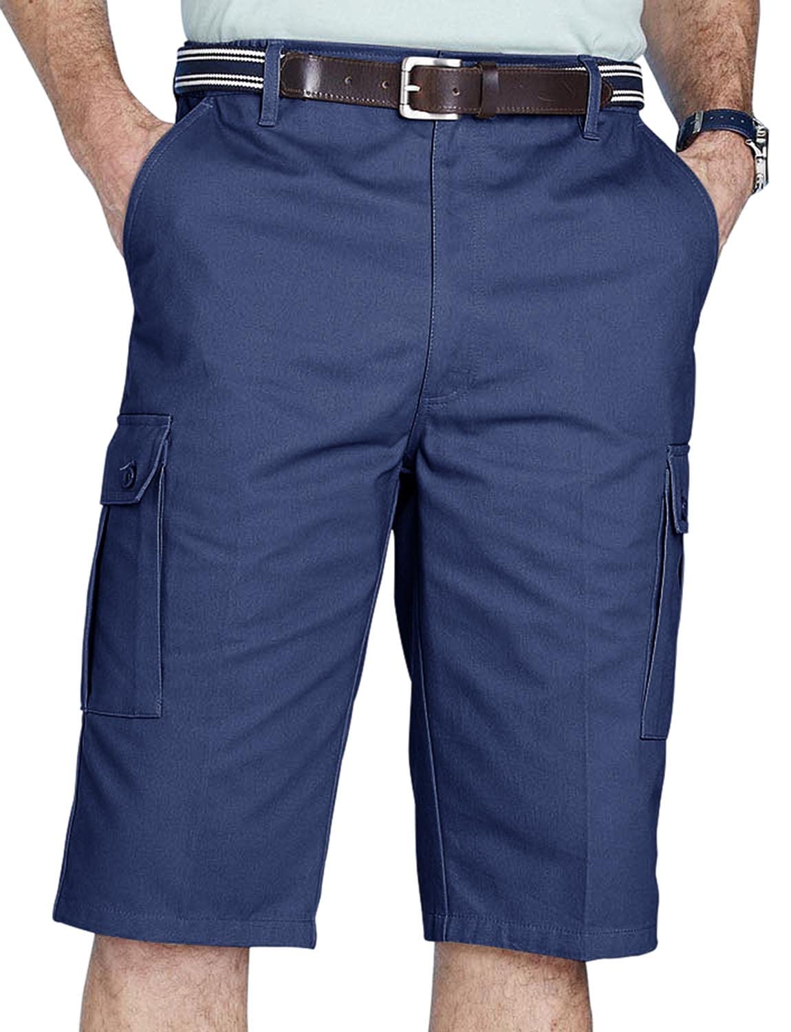 Chums Men's Long Cargo Shorts with Side Elastic Waistband, Roomy Button-Down Pockets, Longer Fit 100% Cotton Short Navy 42