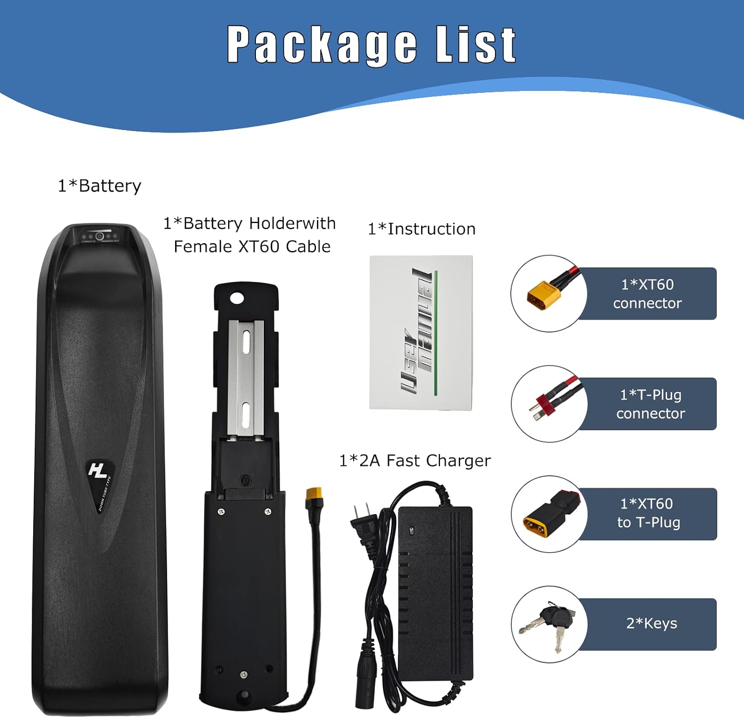 48V 10Ah Battery with 30A BMS, 5-Pin Base Connector, 2A Charger, Safety Lock, Indicator Light & USB Port, for 100-1000W Motors