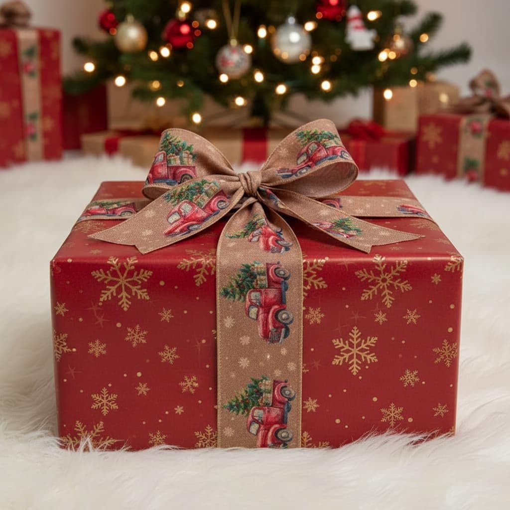 YKW 2 Rolls Vintage Christmas Ribbon Set -2.56" x 5 Yards Each - Truck with Christmas Tree Wired Edging Ribbons, Rustic Holiday Decor for Tree, Wreath,Bow,Gifts, Crafts, Home Decor image 4