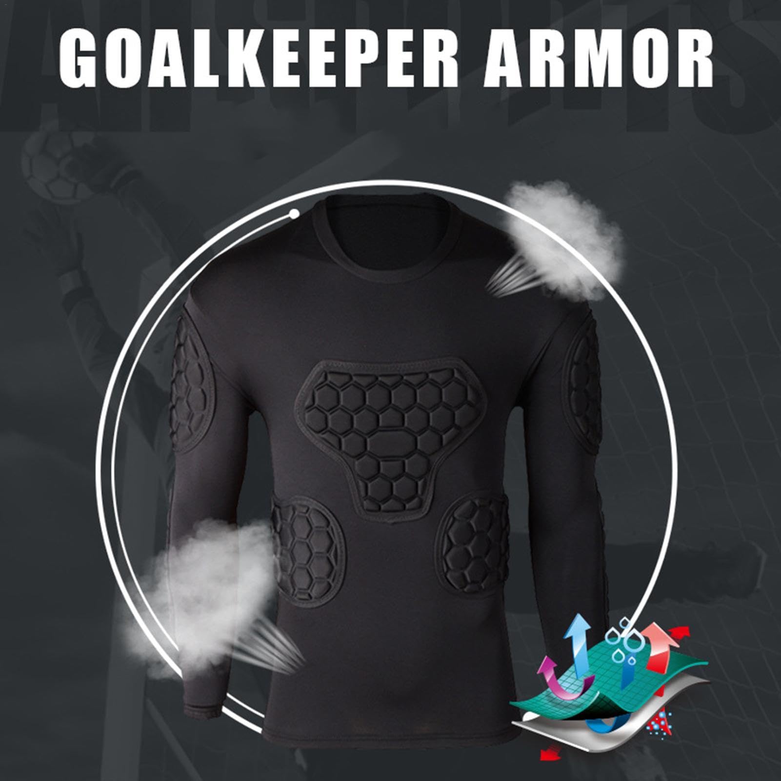 Maglia Da Calcio Imbottita - Maglia Da Calcio A Compressione, Maglia Da Portiere Nera A Maniche Lunghe | Camicia A Compressione Con Protezione Per Lo Sterno E Il Cuore Con Imbottiture Per Le Costole