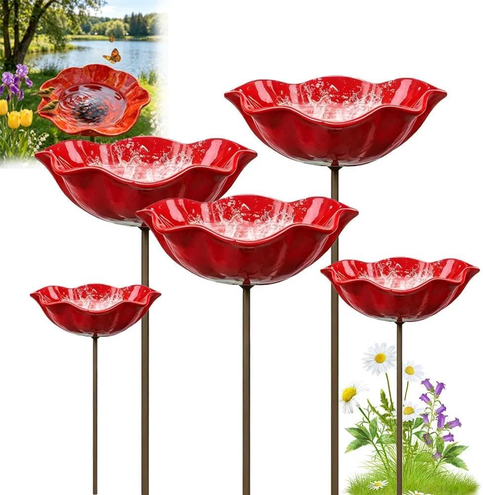 Handmade Metal Flower Garden Stake, 2026 Outdoor Bird Bath Bowl for Birds, Butterfly & Bee Water Feeder Station, Decorative Garden Stake for Yard Lawn Flower Bed Patio Outdoor Decor(6pcs)