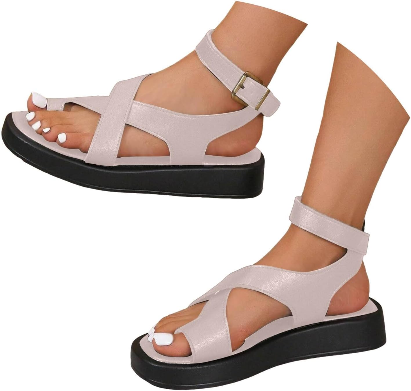 Women's Wide Width Strappy Flat Sandals Dressy 2025 Summer Fashion Open Toe Solid Color Lightweight Cushioned Sandals Comfortable Hollow Out Thick Soled Beach Vacation Outdoor Walking Footwear