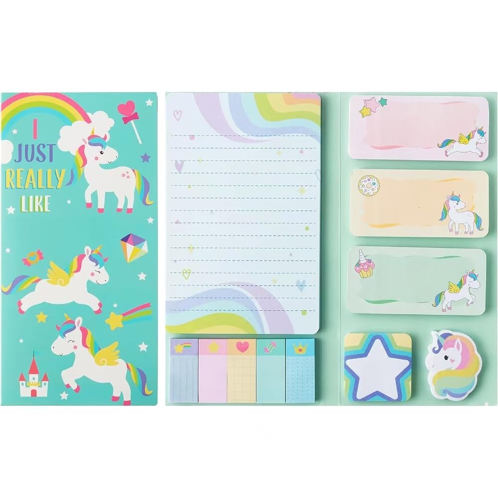 Blue Unicorn Sticky Notes Set, 550 Sheets,Cute Cartoon Dog Post It Notes with 3 Point Pens, Self-Adhesive Writing Memo Pages Back to School Office Supplies