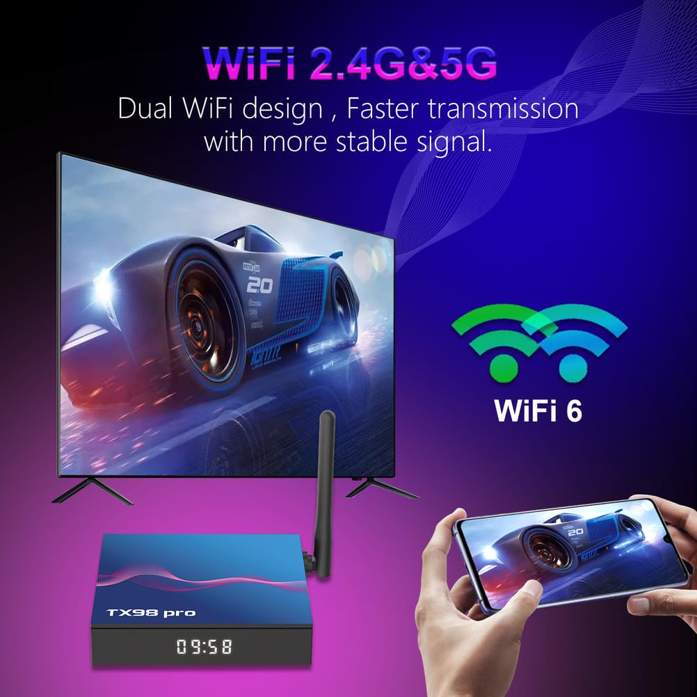 Box Android 14.0, TX98 PRO H618 Quad-Core 64Bit Cortex-A53 Mali 450 MP2 GPU Supporto 4K 3D 1080P 2.4/5.0Ghz WiFi BT5.0 10/100M Ethernet DLNA HDMI 2.0 H.265,4gb+32gb
