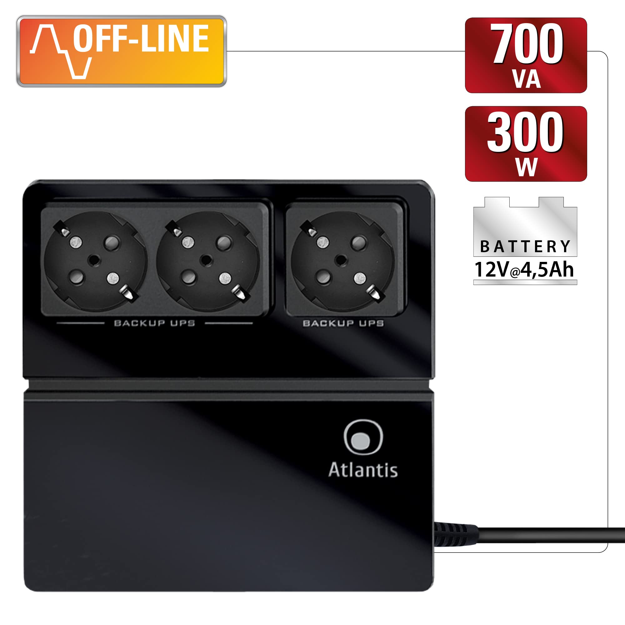 Atlantis OnePower 700, UPS OffLine 700VA/300W, 3 prese Schuko, 1 Batteria 12V 4.5Ah [Italia]