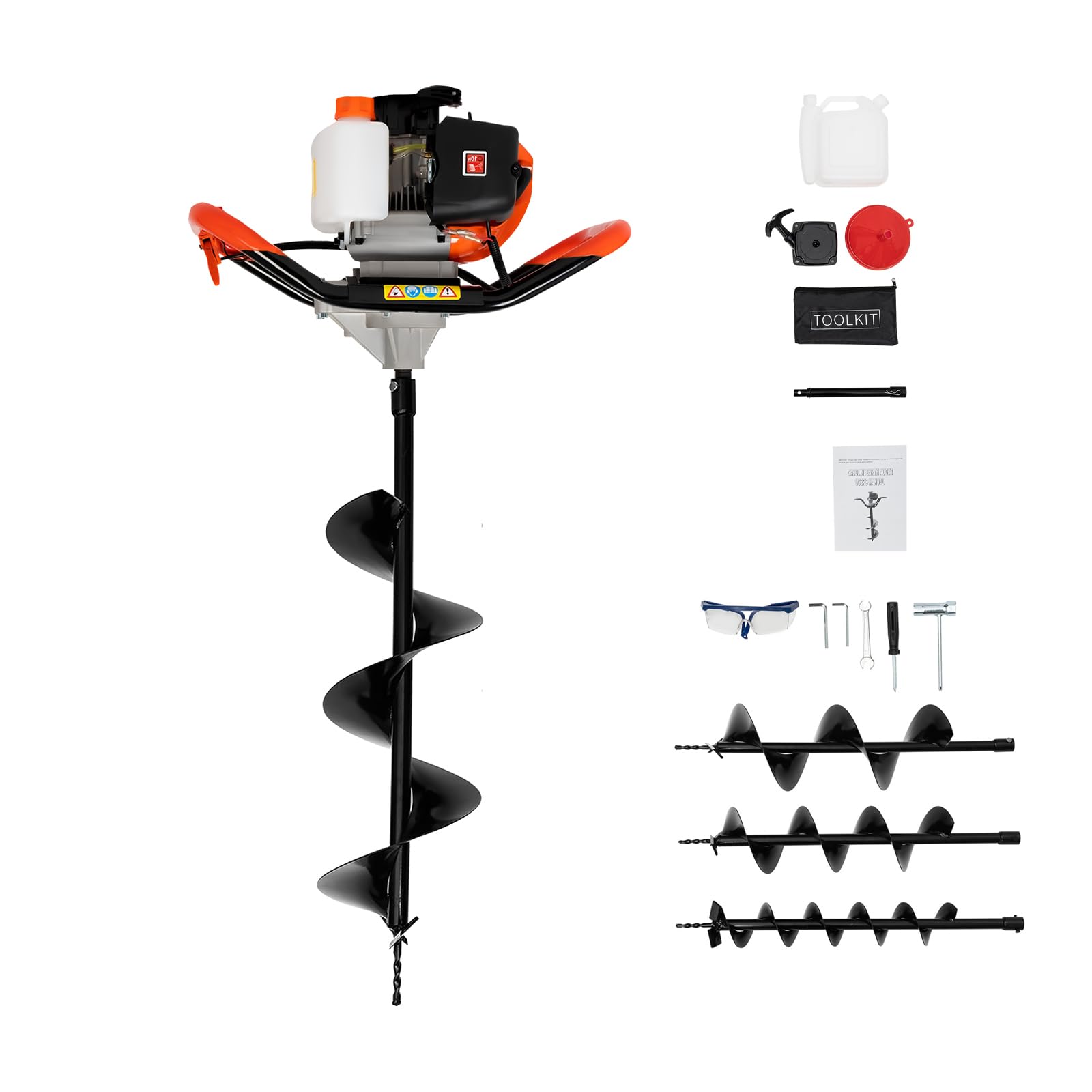 Broca de tierra de gasolina de 52 cc de 2 tiempos, 1,7 kW, con 3 puntas de perforación (100/150/200 mm), barra de extensión, doble mango, refrigeración por aire, 8500 rpm, para postes de