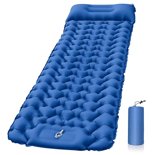 PROBEROS® Polyurethane(Pu) Air Mattress with Pillow and Built-in Foot Pump,Portable Folding Camping Sleeping Bed Inflatable Mattress for Camping Backpacking Hiking Traveling Tent Car(Blue) Single