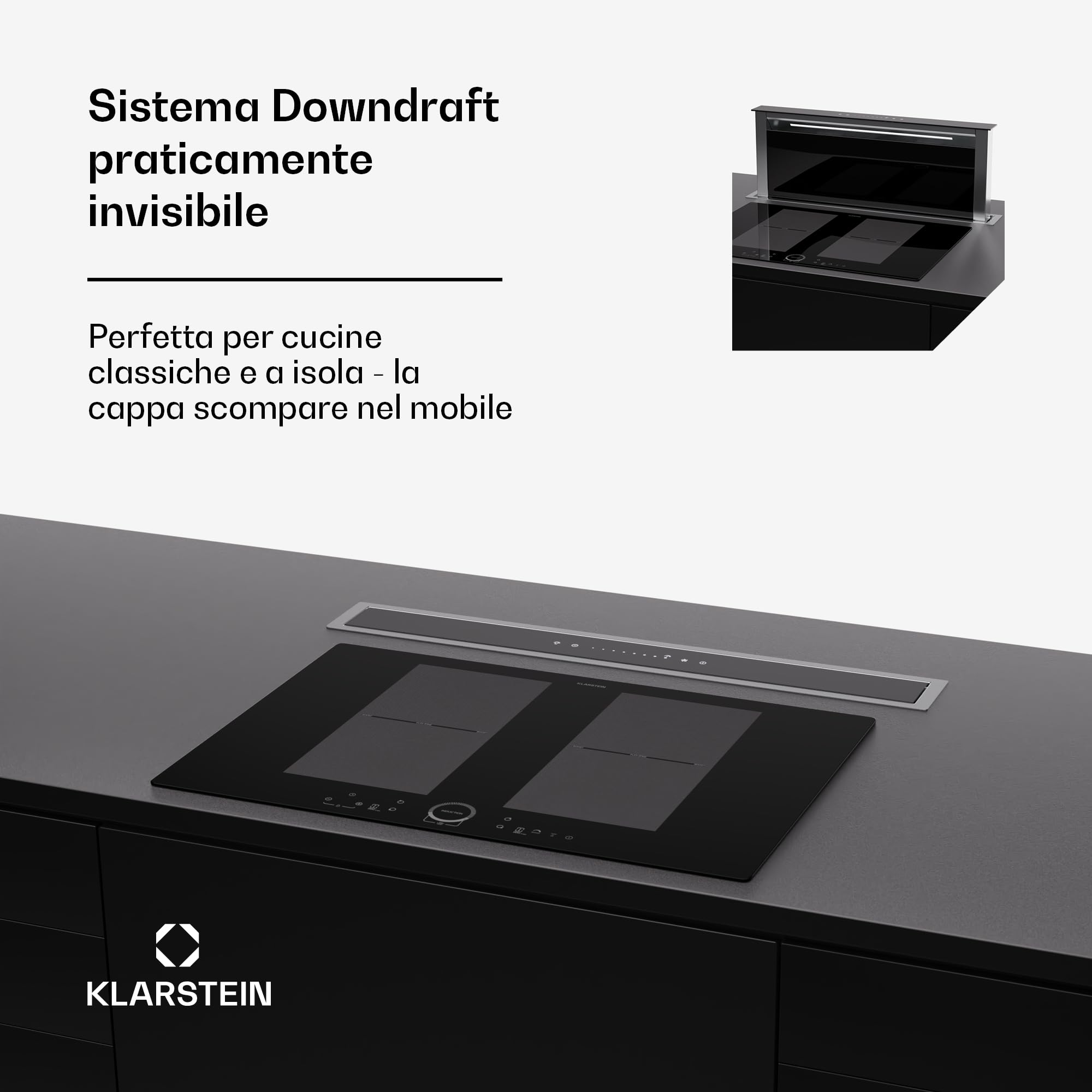 Cappa aspirante Klarstein 75 cm, cappa aspirante da cucina a scomparsa, cappa aspirante da cucina a ricircolo 2 in 1, portata d'aria 576 m³/h, cappa aspirante con luce LED e pannello touch, nero
