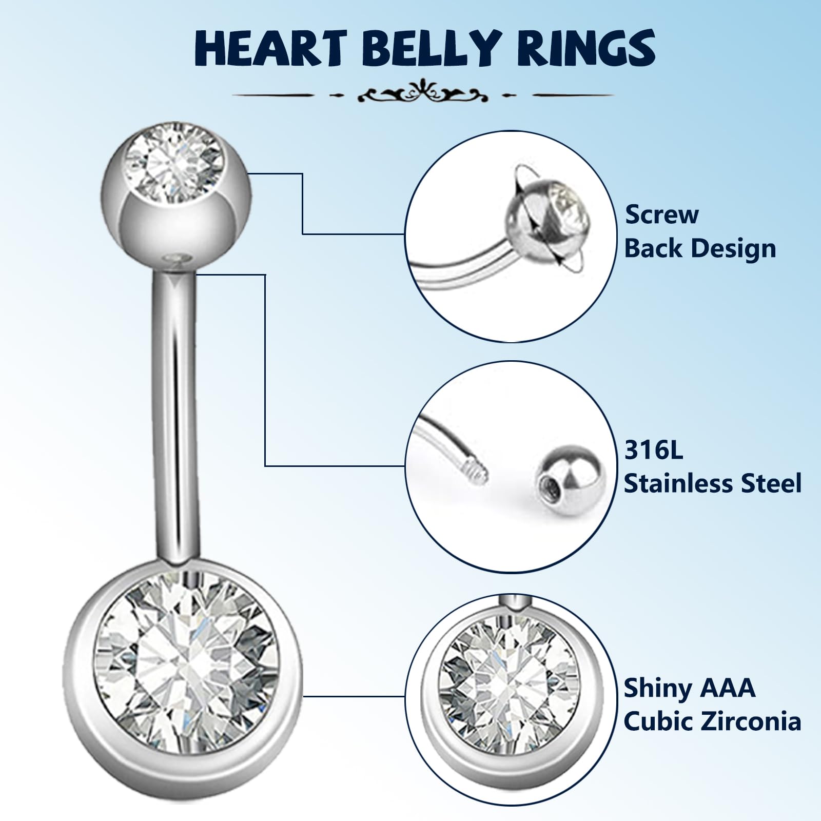 Aucuu 14G Acero Inoxidable Piercing Ombligo Barra Curvada Circonita CZ Cúbica Perla Joyería
