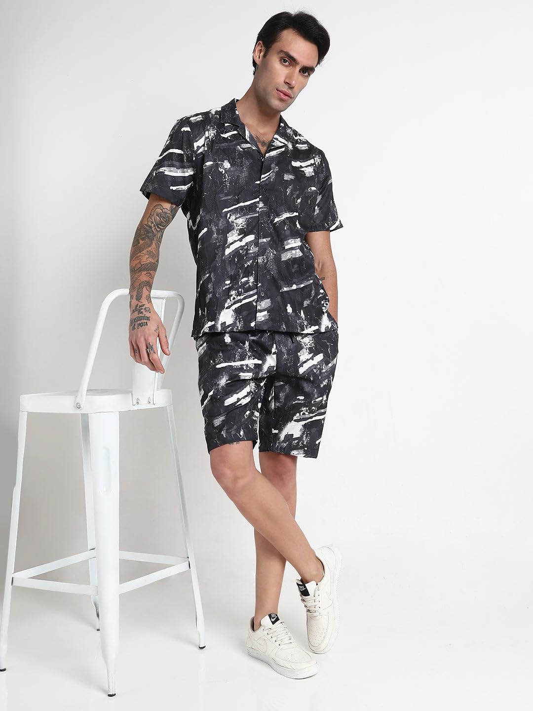 SHOWOFFFF Men Printed Two-Piece Co Ords | Cuban Collar Half Sleeves Crepe Co-Ord for Mens | Mid-Rise Relaxed Fit Knee Length Co-Ords for Men's | Grey-S 4