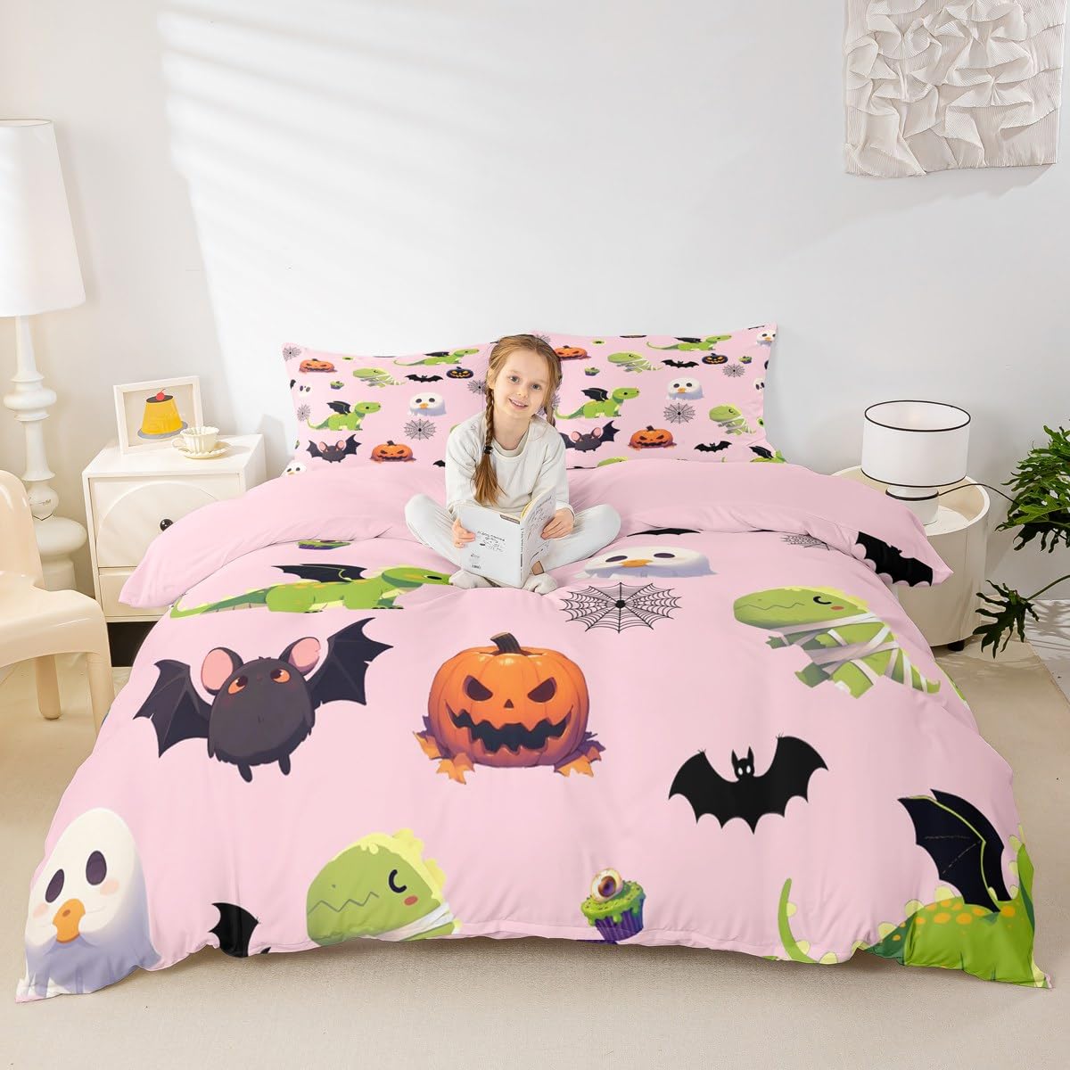 Happy Halloween Duvet Cover Cot Size,Cartoon Bat Pumpkin Comforter Cover for Kids Teens Adults Bedroom Decor,Cute Ghost Dinosaur Pink Bedding Set 1 Pillowcase,No Comforter — image 1