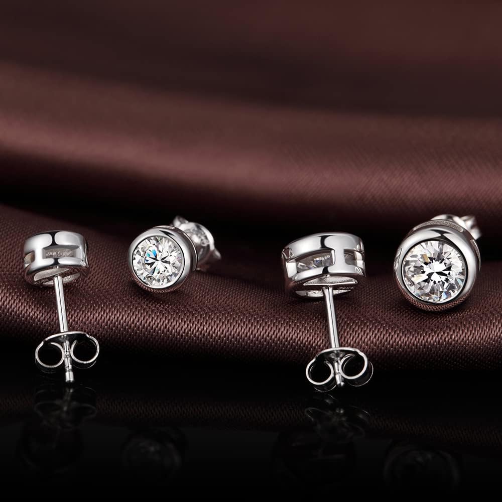 Han han Stud Earrings for Women, 925 Sterling Silver Bezel Halo Stud Earrings with Cubic Zirconia - Image 2
