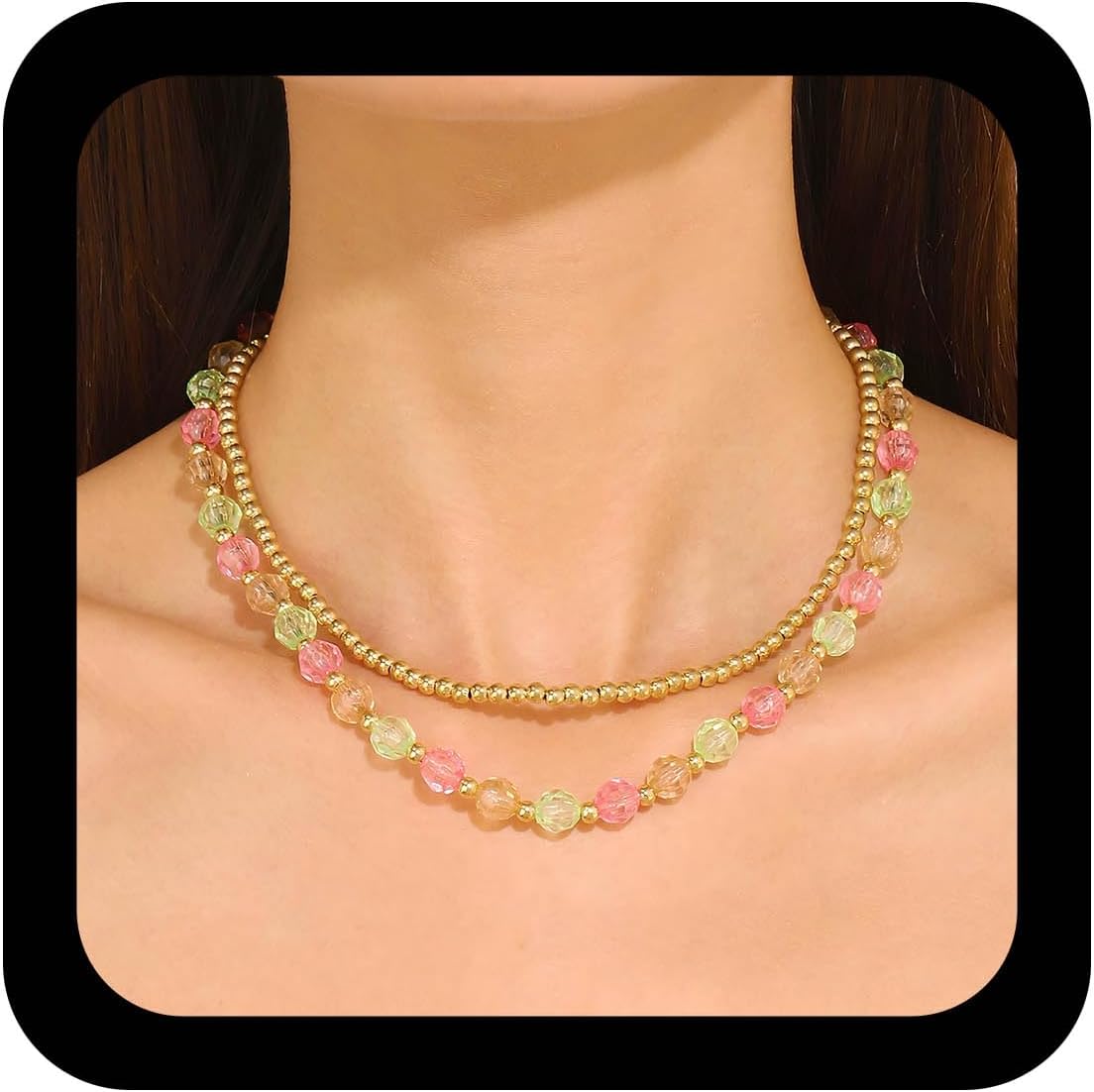 Vintage Layered Seed Bead Choker Necklace Gold Rice Bead Necklace Acrylic Chain Plastic Choker Neckclace Boho Jewelry for Women