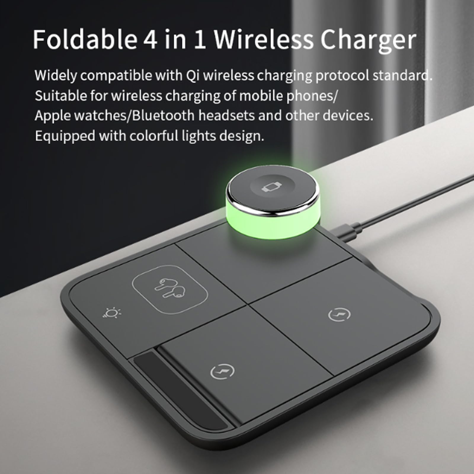 Cargador Inalámbrico 4-En-1, Adecuado Para Teléfonos/Reloj/Auriculares, Carga Rápida De 15 W, Con Luces Coloridas, Certificación Qi,Black