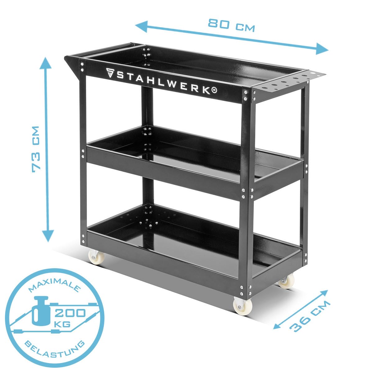 STAHLWERK Chariot à Outils Robuste - 3 Plateaux et Barre perforée, Capacité de Charge 200 kg, Idéal pour Atelier, Montage et Transport