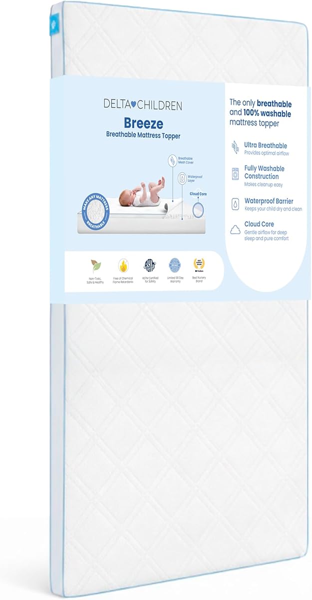 Breeze Breathable Crib Mattress Topper, Makes Any Crib Mattress Breathable, 100% Washable, Ultra-Breathable Quilted Layer for Comfort, Fits Standard Size Cribs & Toddler Beds