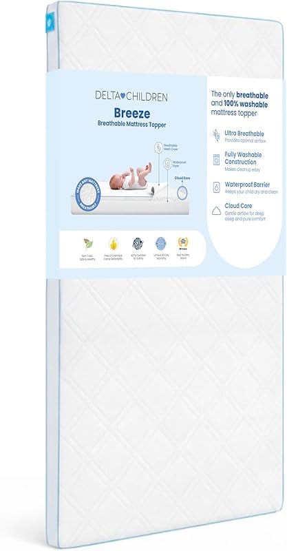 Breeze Breathable Crib Mattress Topper, Makes Any Crib Mattress Breathable, 100% Washable, Ultra-Breathable Quilted Layer for Comfort, Fits Standard Size Cribs & Toddler Beds