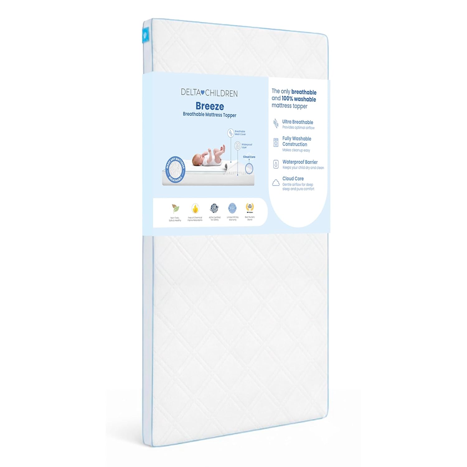 Delta Children Breeze Breathable Crib Mattress Topper, Makes Any Crib Mattress Breathable, 100% Washable, Ultra-Breathable Quilted Layer for Comfort, Fits Standard Size Cribs & Toddler Beds