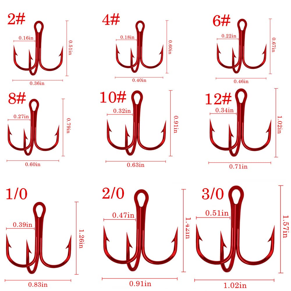 Cajoauis Fishing Treble Hooks High Carbon Steel Treble Hooks Super Sharp Solid Triple Barbed (Red, 6#-80pcs)