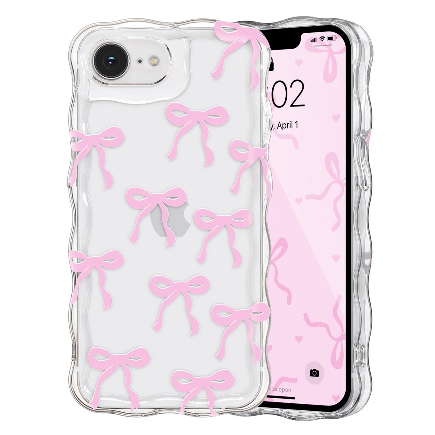 QLTYPRI Bow Case for iPhone 17e/16e, Cute Ribbon Bows Wavy Curly Frame Clear Phone Case for Girls Women, Aesthetic Bowknot Transparent Soft Silicone