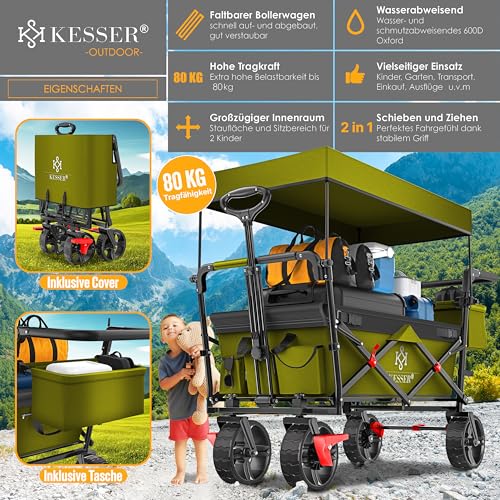KESSER® Bollerwagen faltbar GT9000 mit Dach Handwagen Transportwagen | inkl. 2X 3-Punkt Gurtsystem| klappbar | Vollgummi-Reifen | bis 80 kg | Vorder- und Hinter-Bremse | + Tragetasche, Khaki – Bild 4
