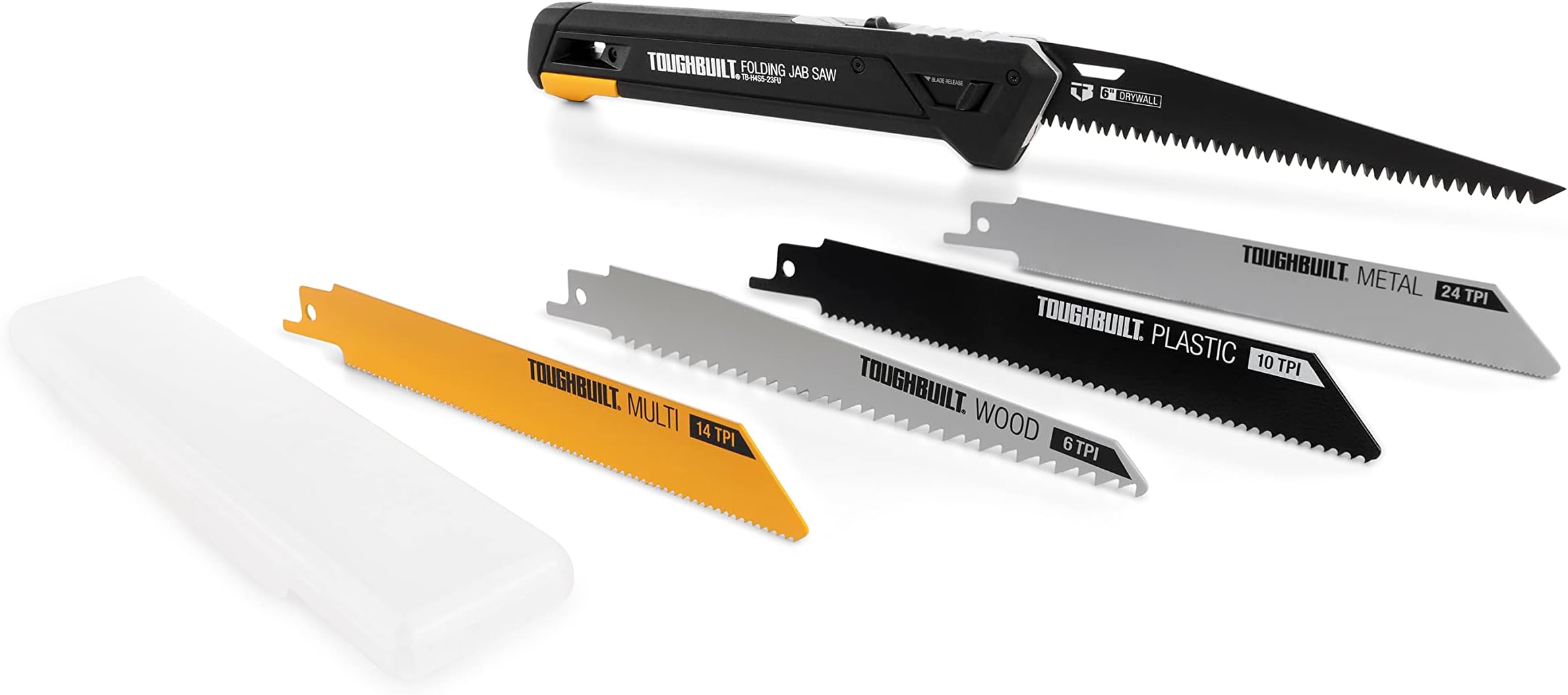 ToughBuilt - Folding Jab/Utility Saw, Drywall Blade w/triple-edge teeth (8 TPI) for faster cutting, + 4 Blades, Quick-fold and blade release mechanism - TB-H4S5-23FU