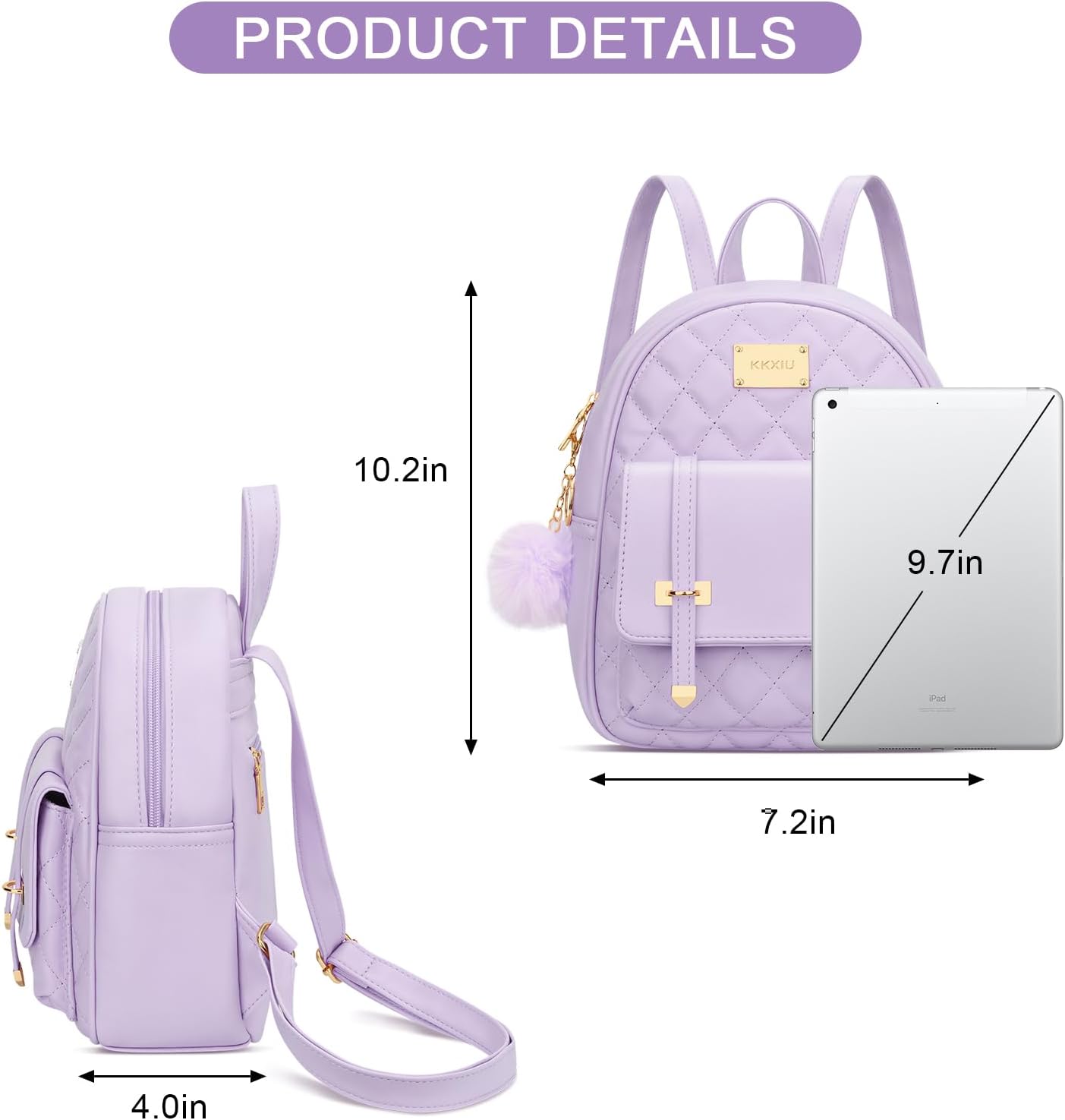 KKXIU Girls Small Backpack Purse Vegan Leather Quilted Mini Daypack for Women Trendy Bookbag (Purple) - Image 6