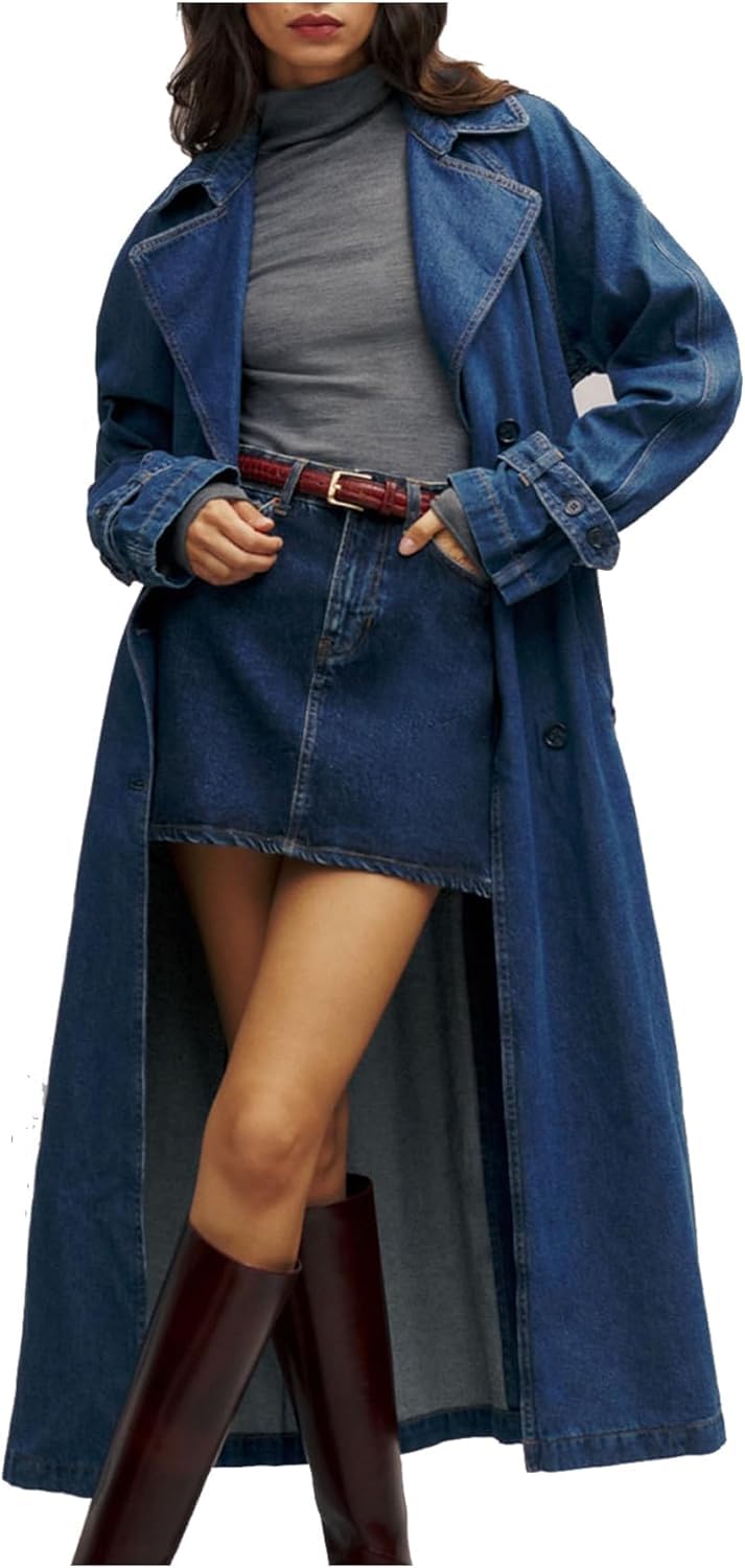 Womens Denim Trench Coat Double Breasted Jean Midi Overcoat Classic Lapel Long Jackets With Belt 2026 Spring Fashion