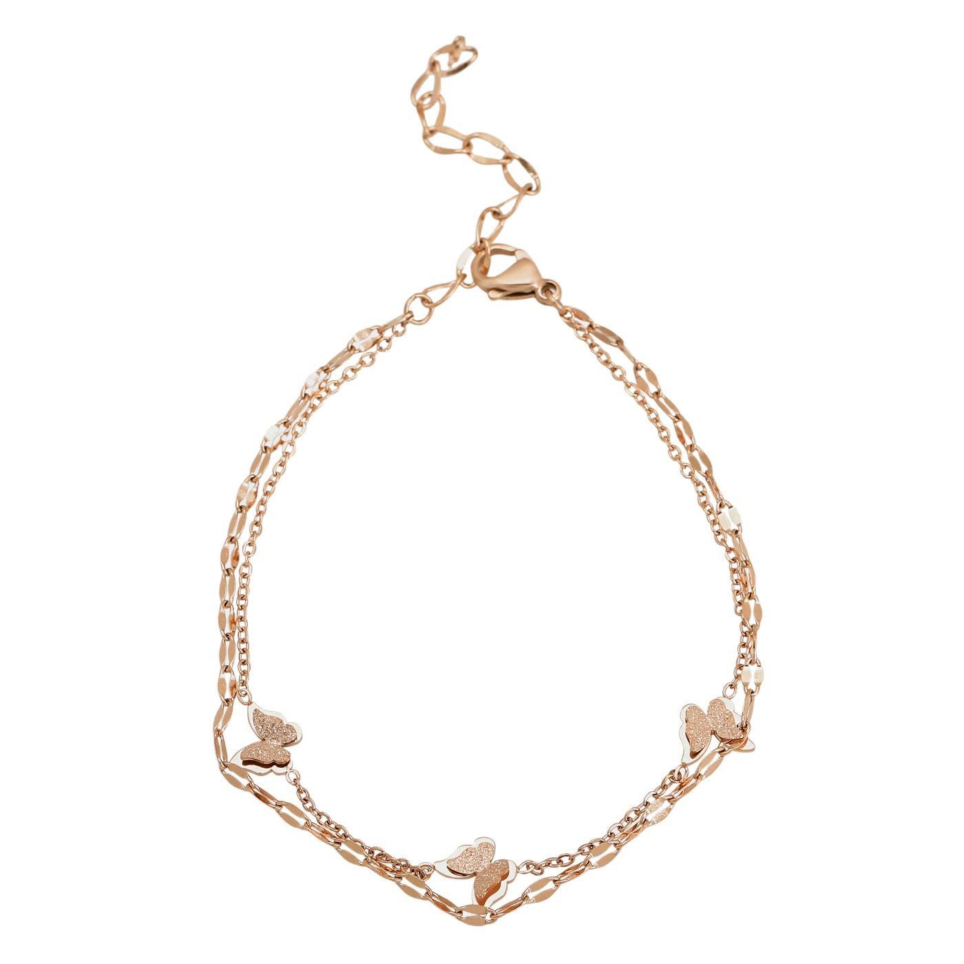 Women's Fashion Jewelry Classic Butterfly Charm Double Chain Bracelet Accessories, Rose Gold