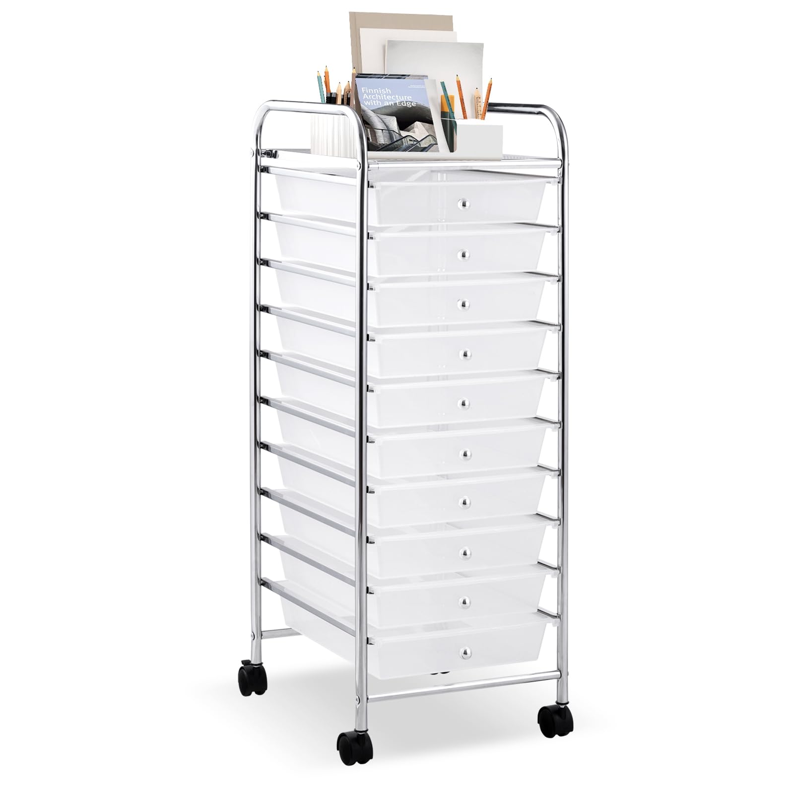 LDAILY 10 Drawer Rolling Storage Cart, Craft Organizer on Wheels, Drawer Cart with Metal Frame & Large Storage Capacity, Rolling Cart with Drawers for