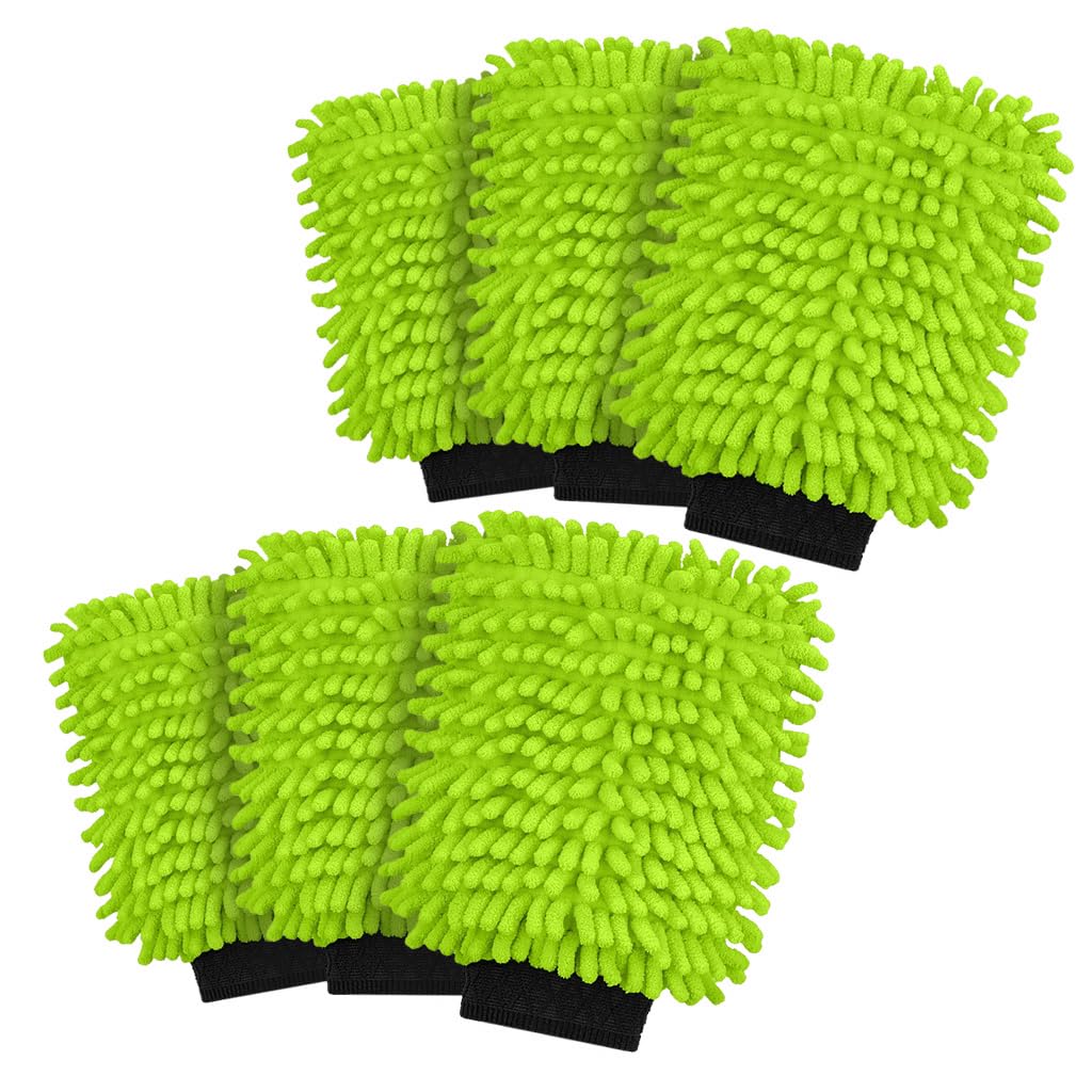 BiOHY Manopla de lavado de microfibra para coche (juego de 6) | Premium Chenille Auto Wash Guante para el cuidado del coche, pintura, llantas y discos | lavable a máquina | Sin pelusas, antiarañazos y