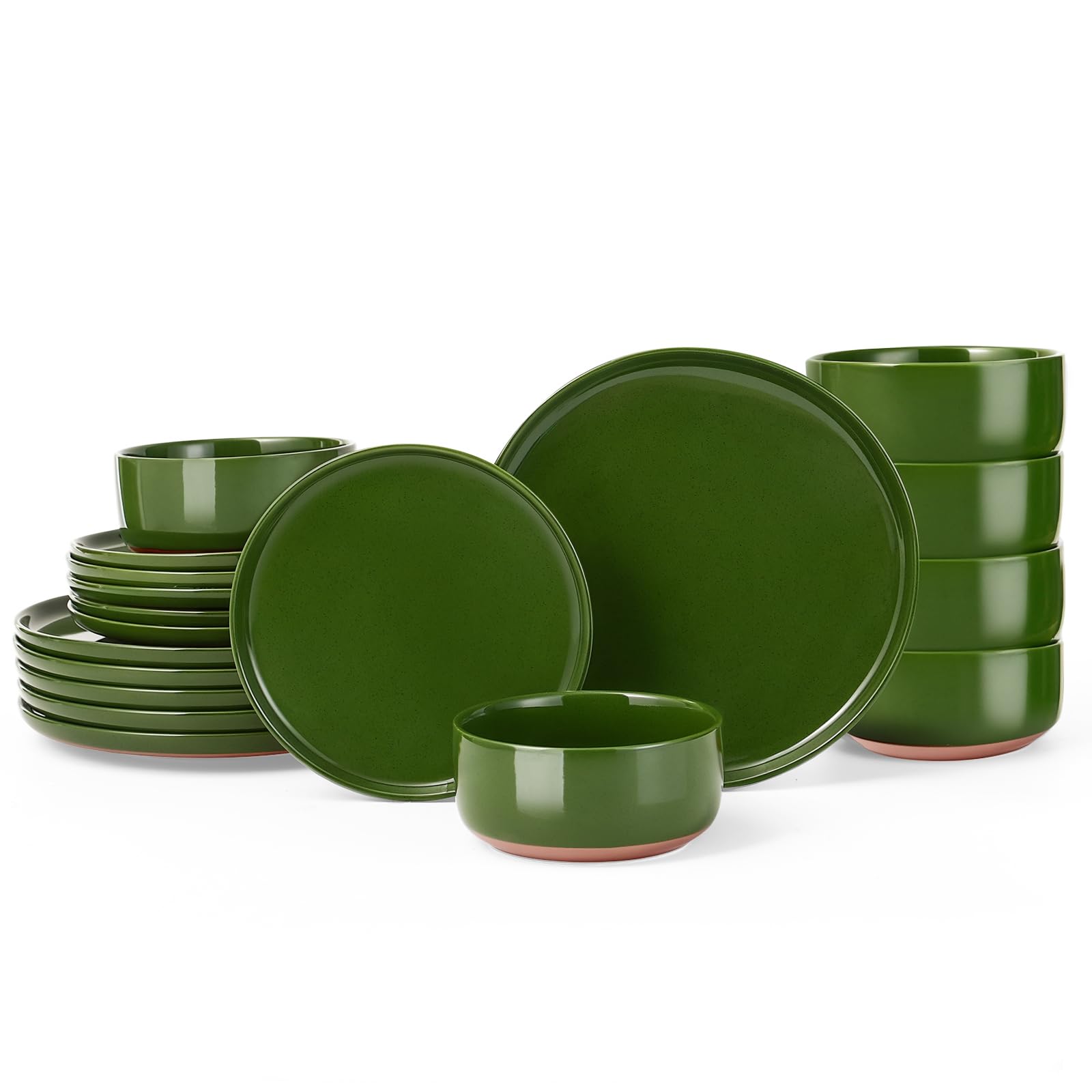 GZG Modern Art Series - 18 Pcs Speckled Stoneware Plates and Bowls Sets, Ceramic Dinnerware Set with Rustic Terracotta Underside, Microwave and Dishwasher Safe Handcrafted Dishes Set - Verdant Green